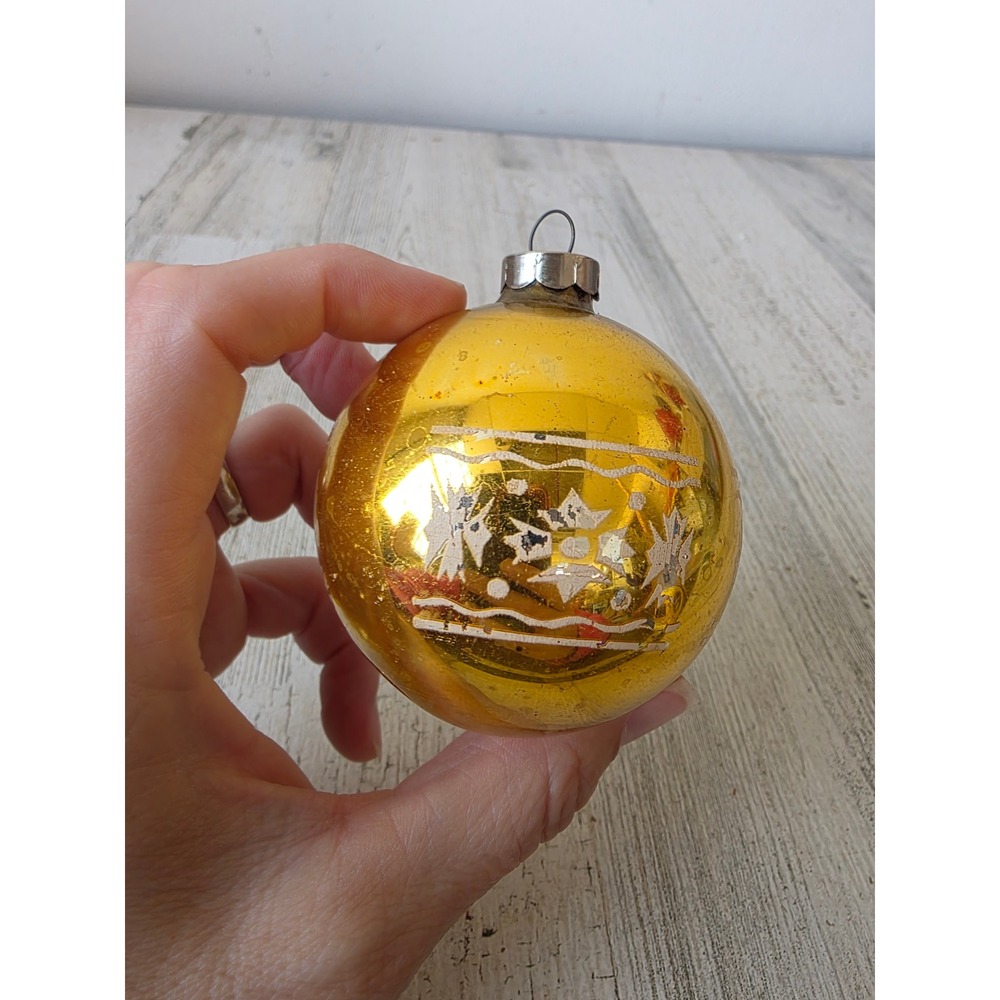 Vintage yellow stencil snowflake glass ornament Xmas tree